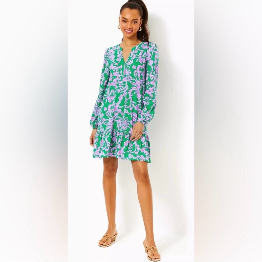 Lilly Pulitzer Alyssa A-Line Long Sleeve Dress in Brazilian Green Salty Sandbar - Picture 6 of 16